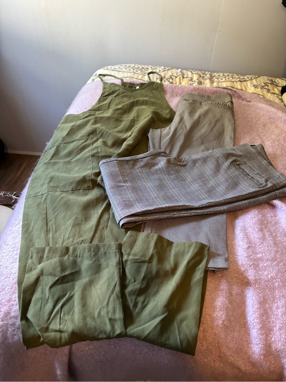 Bundle with jumpsuit and pants. Olive green long pants jumpsuit. Black and white